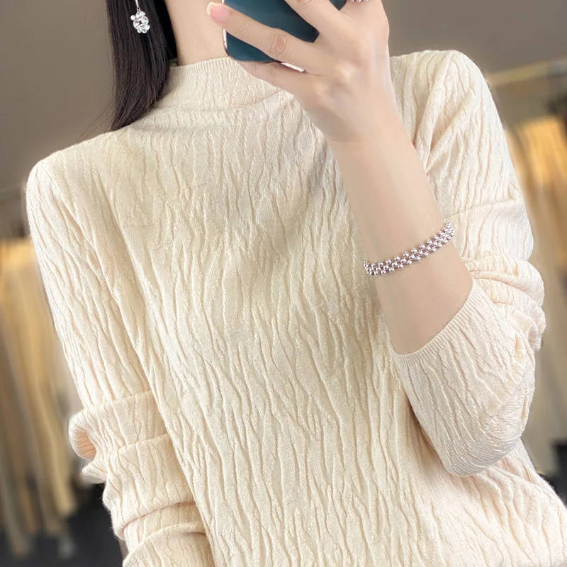 Half Turtleneck Pit Strip Long-Sleeved Knitted Bottoming Shirt Women's Pullover Warm and Thin Inner Sweater Short Solid Color