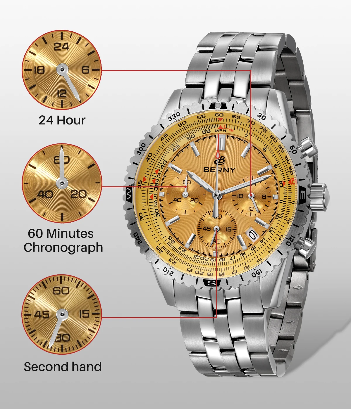 BERNY Aviation Herrenuhren Quarz Chronograph Uhr Datum Saphir Super Leuchtend Luxusmarke Dress Herren Armbanduhr – Detail 7