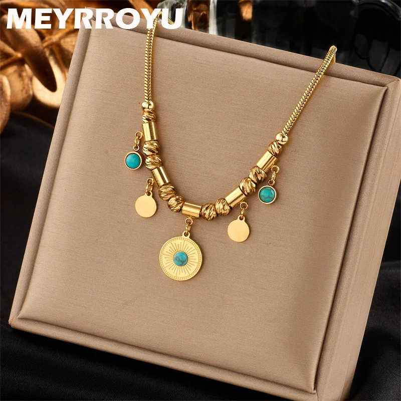 MEYRROYU 316L Stainless Steel 2022 New Green Stone Geometry Pendant Necklace For Women Bijoux Acier Inoxidable Femme Party Gift