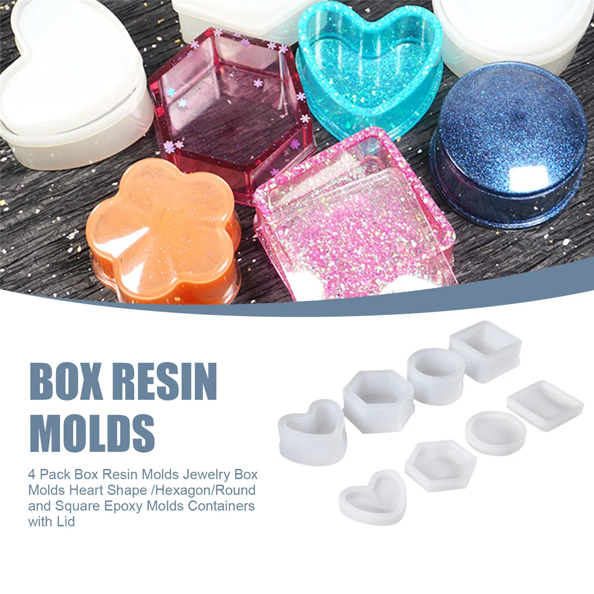 A06K 4 Pak Kotak Cetakan Resin Cetakan Kotak Perhiasan Bentuk Hati/Segi Enam/Bulat dan Persegi Wadah Cetakan Epoksi dengan Tutup