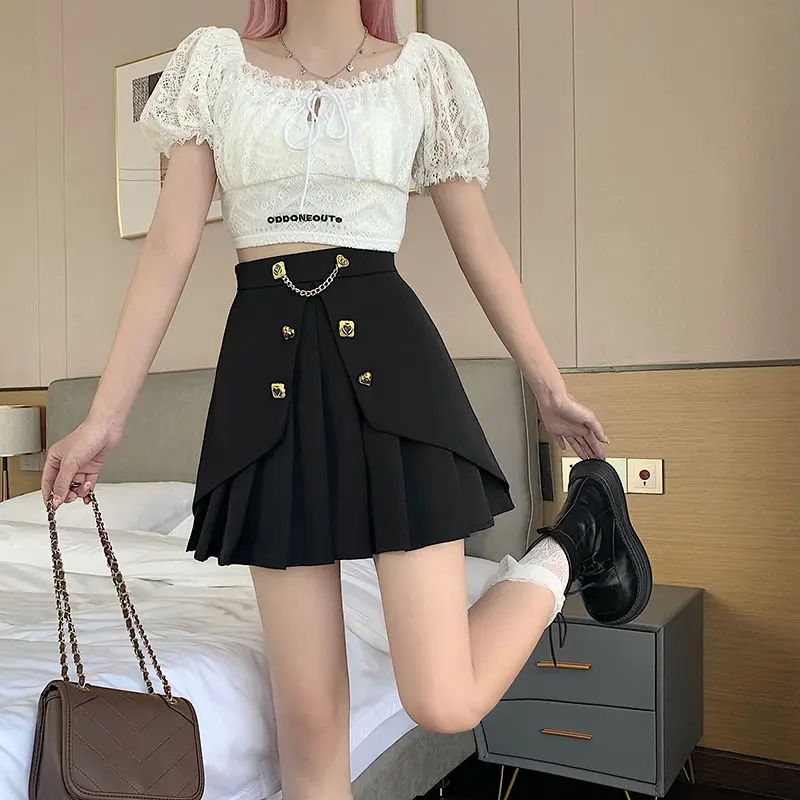 Spring Summer Solid Chain Slim Pleated Skirt Woman 2023 New Fashion Party Streetwear A-line Black White High Waist Mini Skirts