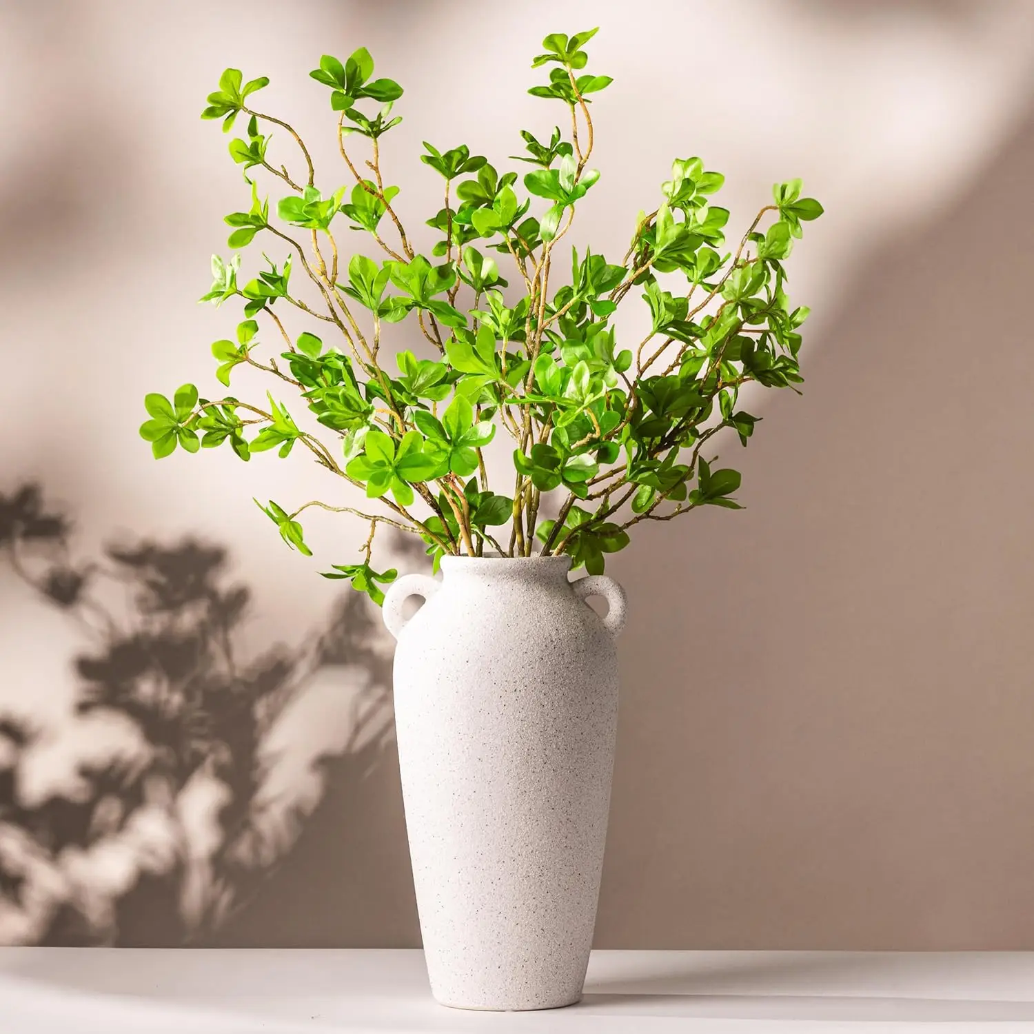 12 Inch Tall White Ceramic Vase, with 5 Branches of 25 Inch Faux Artificial Vibrant Greenery Stems Set, Textured Minimalist Jug