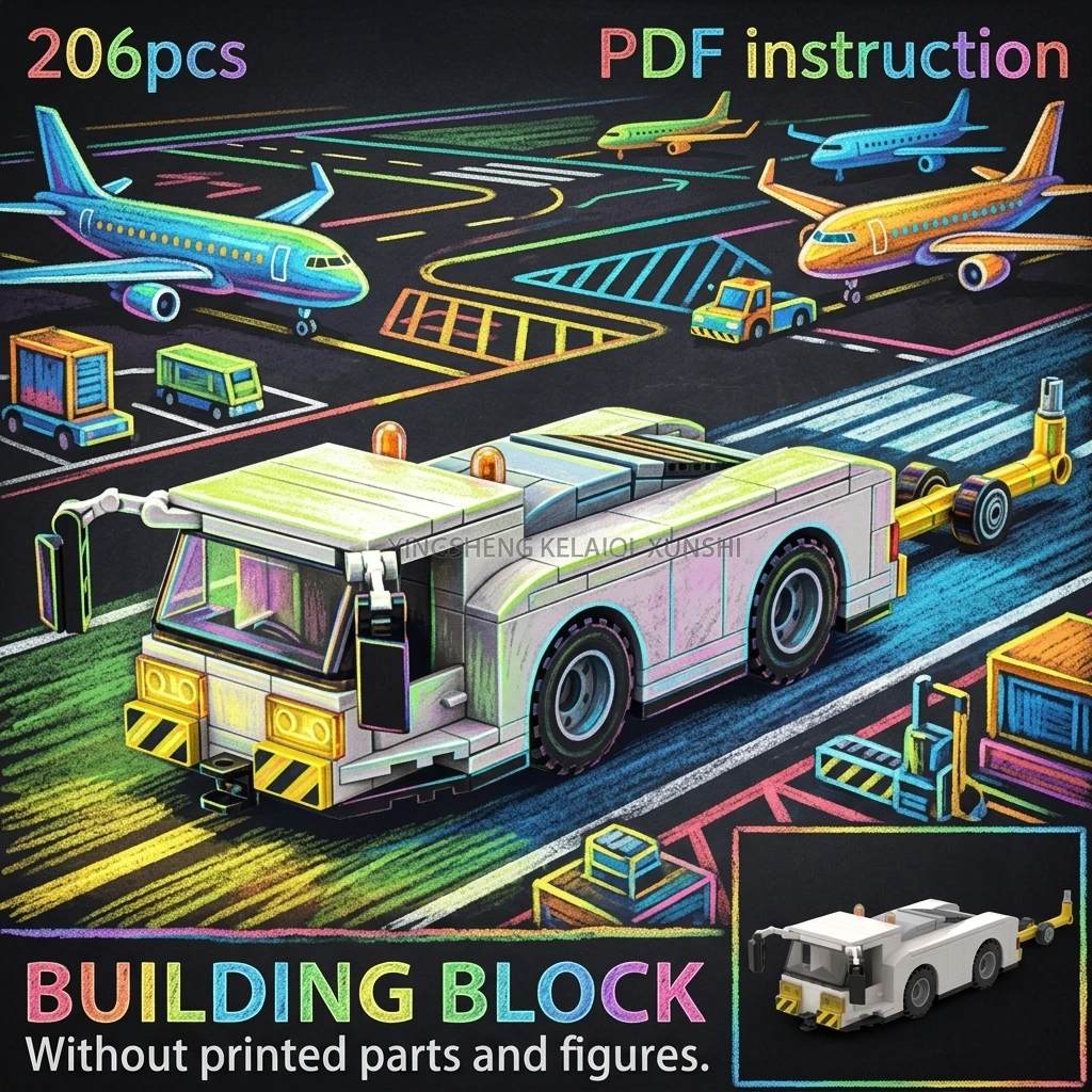 

Airport Pushback Tractor MOC Building Blocks Aircraft Tug Car Ground Support Equipment Diorama Display Adult Brick Set 206PCS