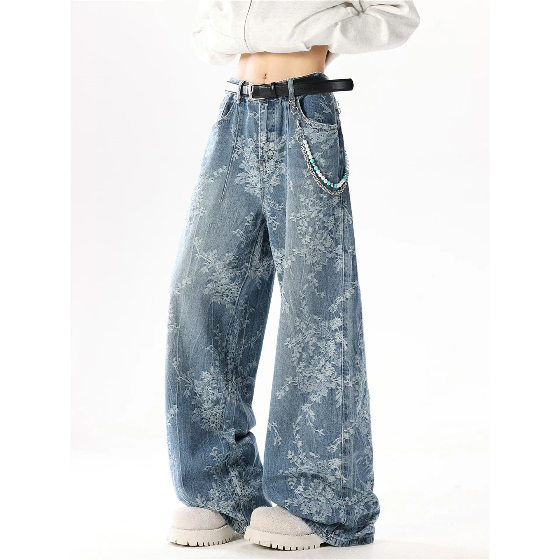 

Washed Denim Jeans Men's American Retro High Street Straight Leg Micro Flared Pants Versatile Design Low Waist Drawstring