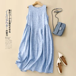 Summer Solid Cotton Linen O Neck Dress Women Sleeveless Loose Casual Vest Vestidos Female Vacation Beach Elegant Robe X1319