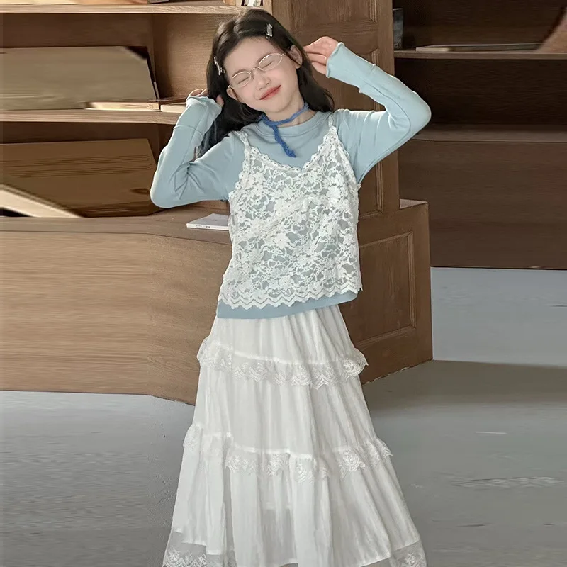 

Korean Autumn Junior Girl 3pcs Sets Solid Undershirt+Lace Vest+Patchwork Skirt Teenager Girls Suits Children Girl Fashion Outfit