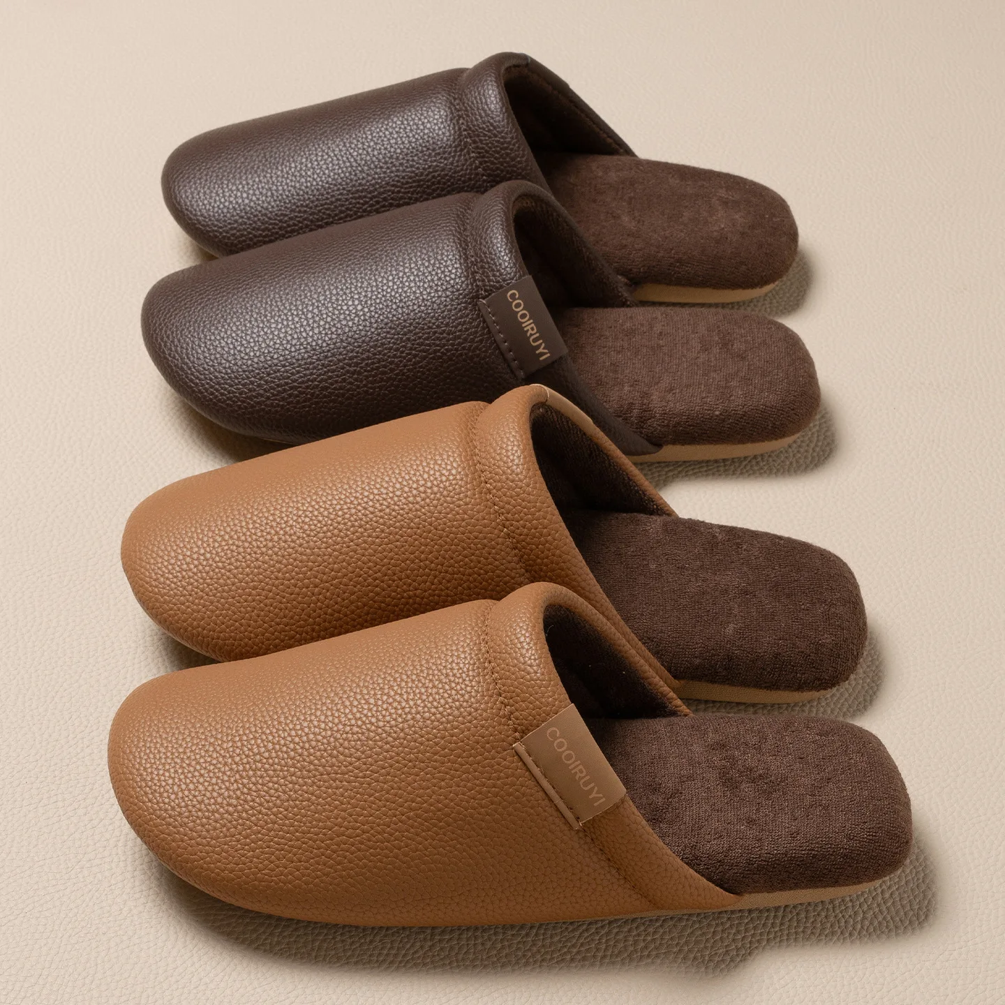 Fashion Pu Leather Anti Slip Indoor Floor Slippers Winter Couple Lightweight Comfy Fleece Lining Slides Flat Women Plush Shoes