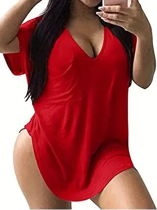 

Plus size women's solid color V-neck T-shirt with asymmetrical hem