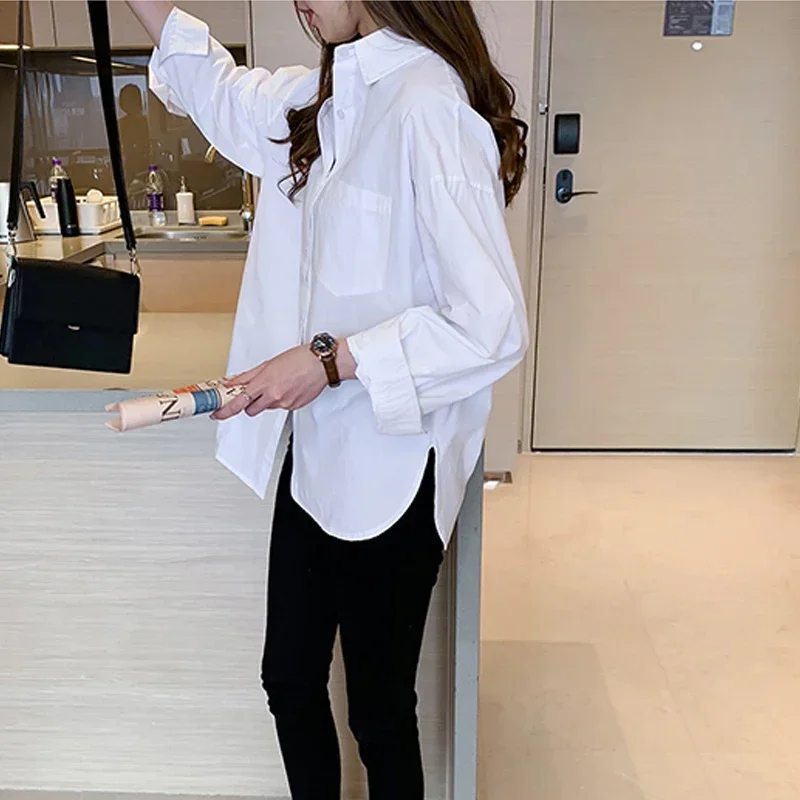 New Blouse White Long Shirt Women Casual Loose Temperament Long Sleeve Shirt Cotton Bottoming Casual Tops 13038