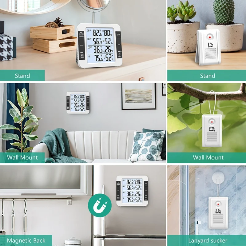 مقياس الرطوبة الحراري الداخلي والخارجي 100 متر مع 3 أجهزة استشعار لمحطة الطقس للمنزل والمكتب