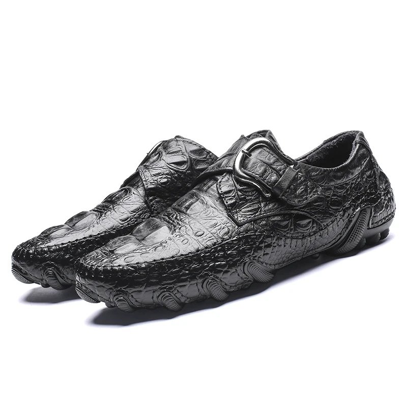 Sapatos casuais masculinos couro genuíno padrão de crocodilo marca de luxo moda respirável condução sapatos deslizamento em mocassins confortáveis