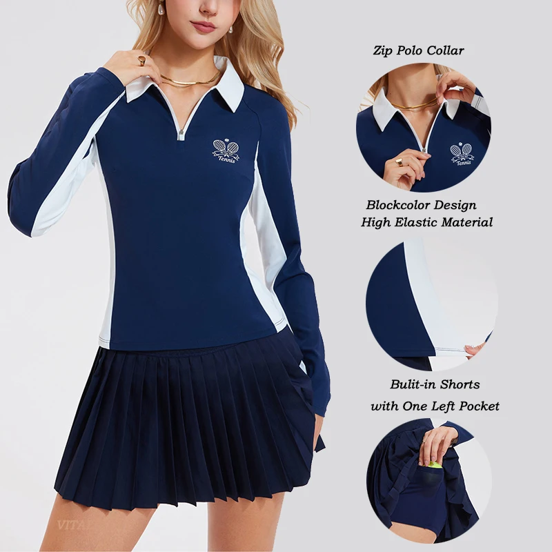 VITALINOVO المرأة 2 قطعة فستان التنس عالية الخصر مطوي تنورة Skorts سستة اللون كتلة جولف قمصان بولو Pickleball رياضي #4