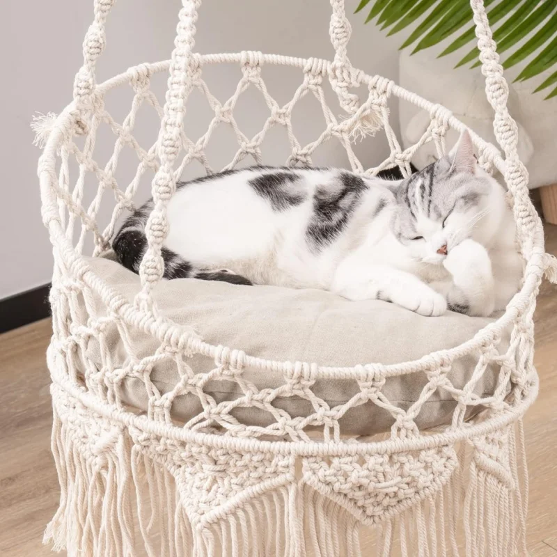 Mewoofun Bohemian Handwoven Pet Cat Hammock Swing Bed  apestry Cotton Macrame for Home Outdoor Wall Hanging With Cushion