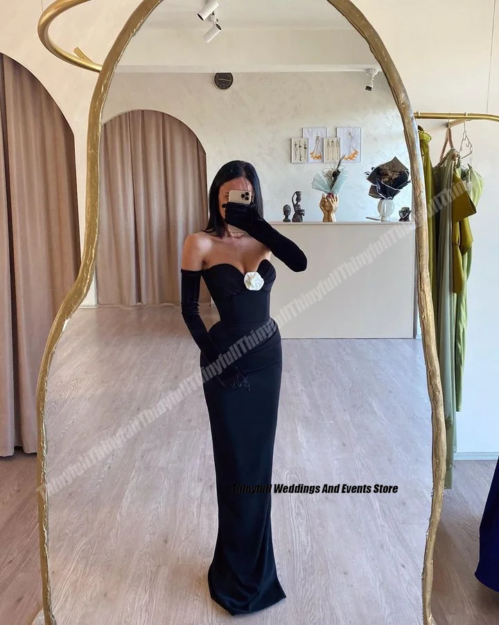 Thinyfull Mermaid Black Prom Dresses Sweetheart Sleeveless Evening Party Gowns 2024 Satin Formal Occasion Dress with Gloves