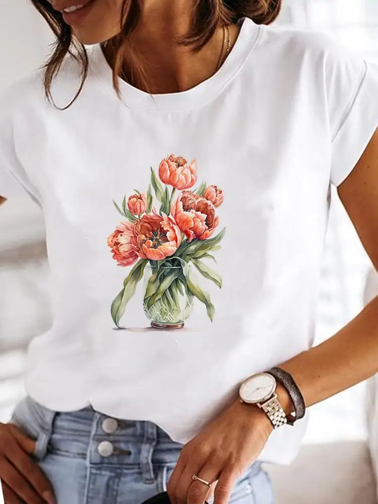 Short Sleeve Clothes T Clothing Print Casual T-shirts Flower Camera Trend Cute Sweet Women Female Top Fashion Graphic Tee