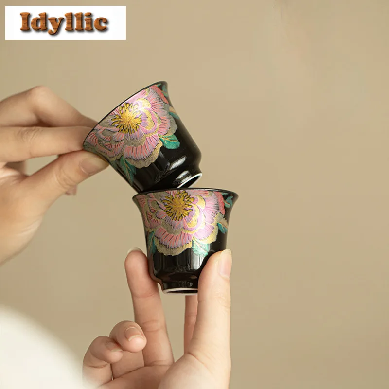 

2pc/lot Ancient Style Cloisonné National Color Peony Teacup Creative Tea Bowl Jug Tea-tasting Personal Cup Chazhan Master Cups