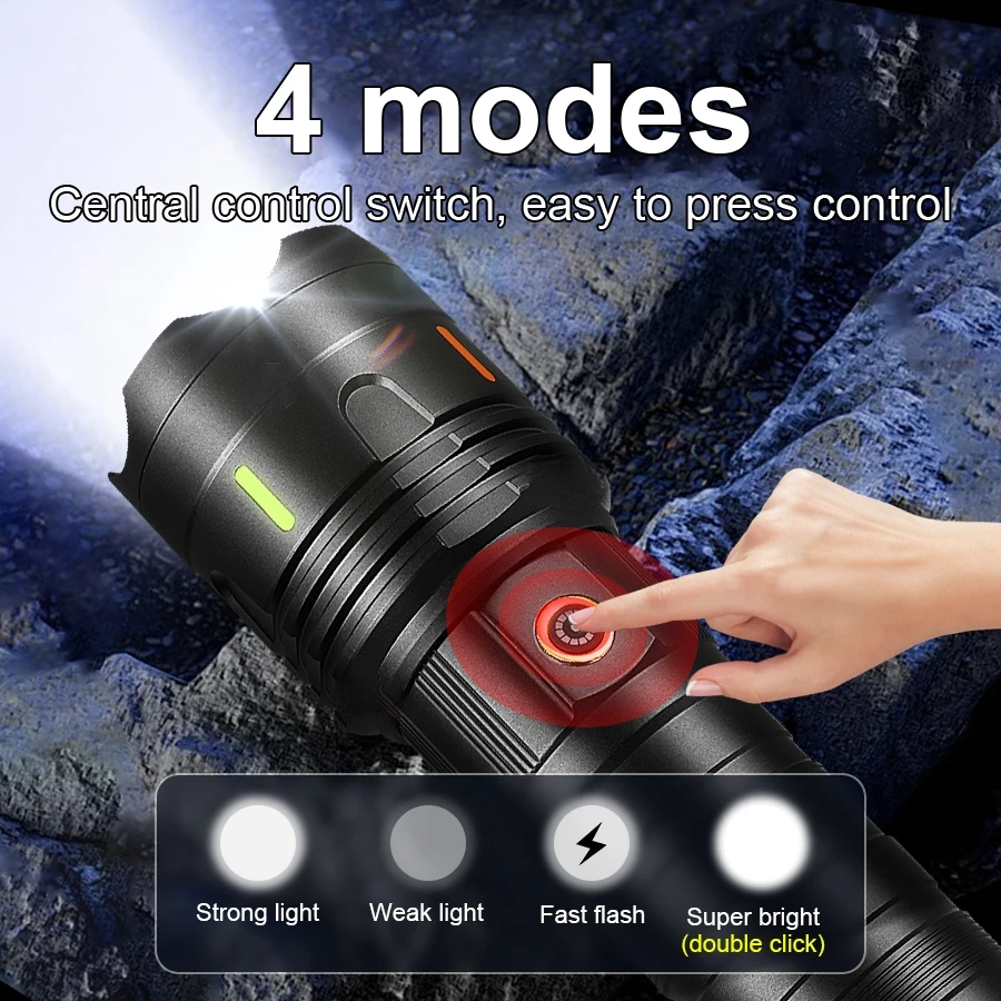 NEW Ultra Bright 1500W Flashlight 4km Emergency Spotlight Most Powerful Led Tactical Flashlights Built-in Battery Camping Torch