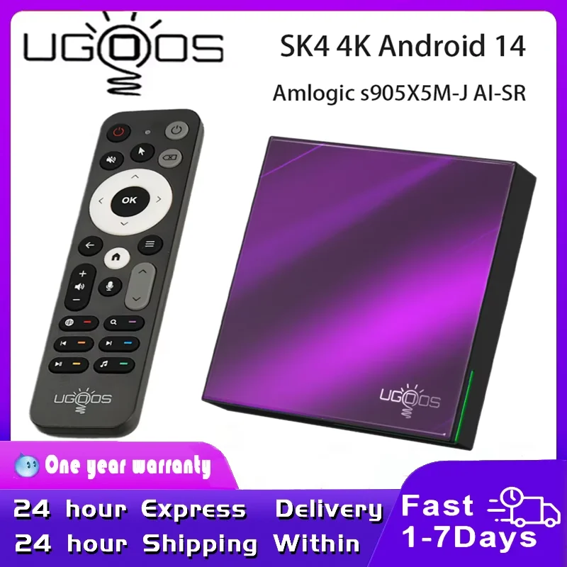 UGOOS SK4 Smart TV Box Android 14 Amlogic S905X5M-J BT5.4 LPDDR4 4G 64G AI-SR AV1 HDR 10+ Поддержка Dolby Audio Set Top Box