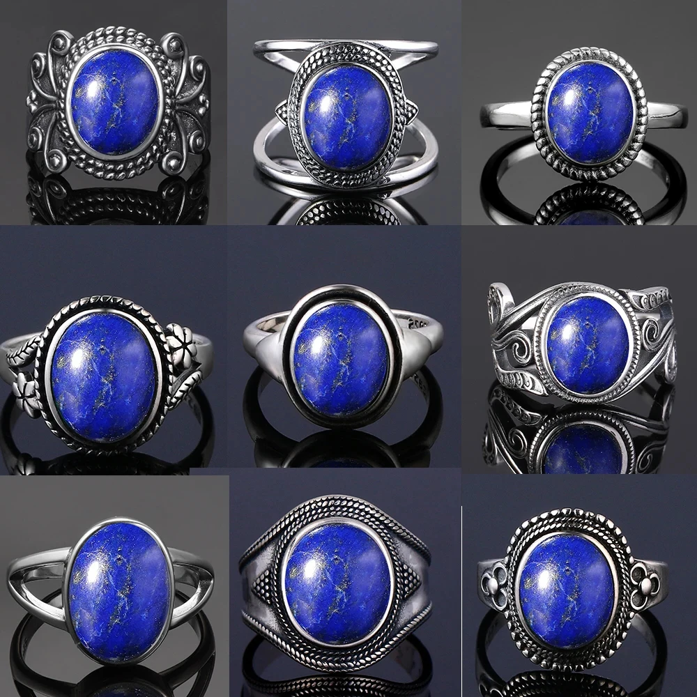 925 Sterling Silver Oval Natural Lapis Lazuli Ring for Women Men Gift Vintage Jewelry Large Ring