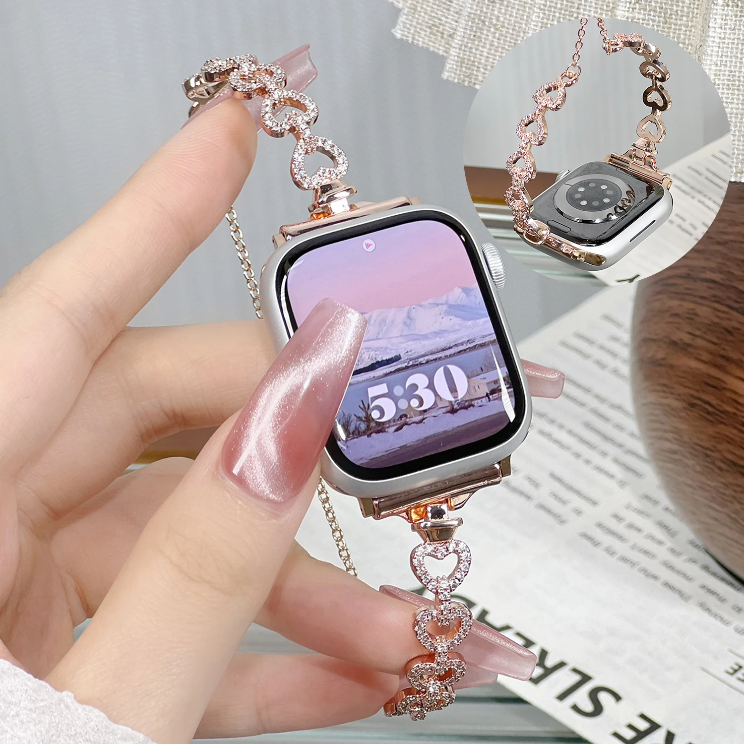 

Luxury heart-shaped diamond studded strap for Apple Watch S10 46/42 Ultra 49 38/40/41/44/45 metal bracelet for iwatch series 9 8