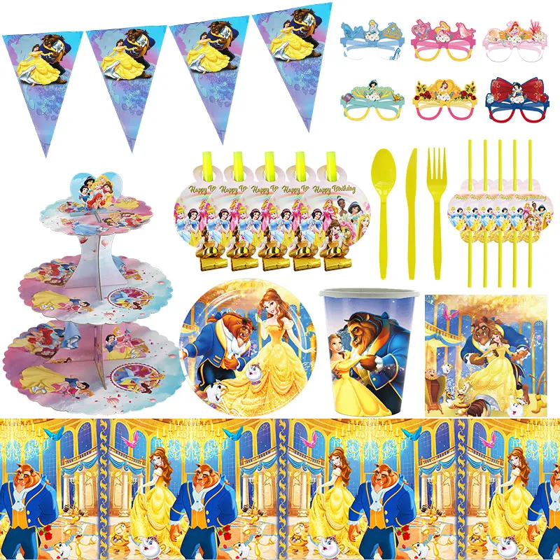 Disney Beauty And The Beast Birthday Decorations Belle Princess Birthday Party Supplies Balloon Backdrop Banner Tableware Kit