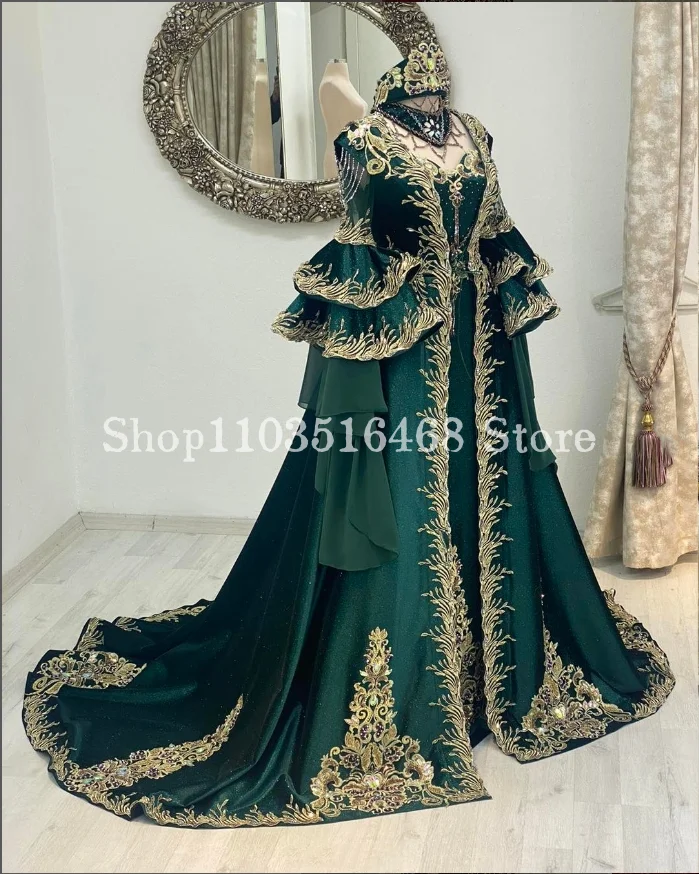 Elegant Satin A-Line Evening Dress Green Luxury Embroidery With Placket Long Sleeve Arabian Bridal Marocca Customised فستان سهرة