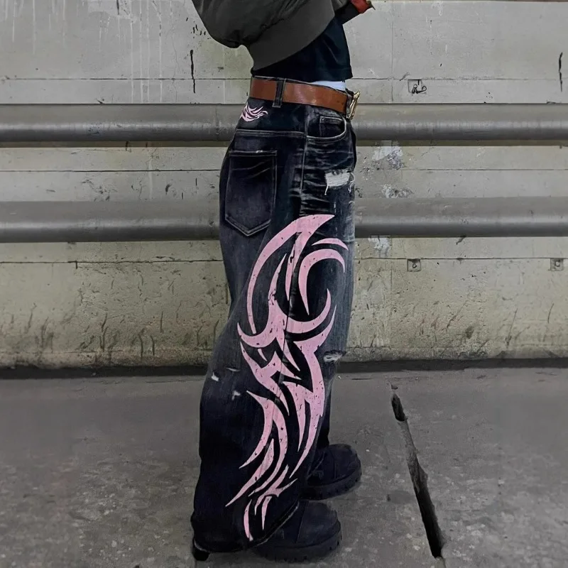 

Baggy Pants for Women Jeans High Waisted Jeans Printed Washed American Retro Wide-Leg Denim Pants