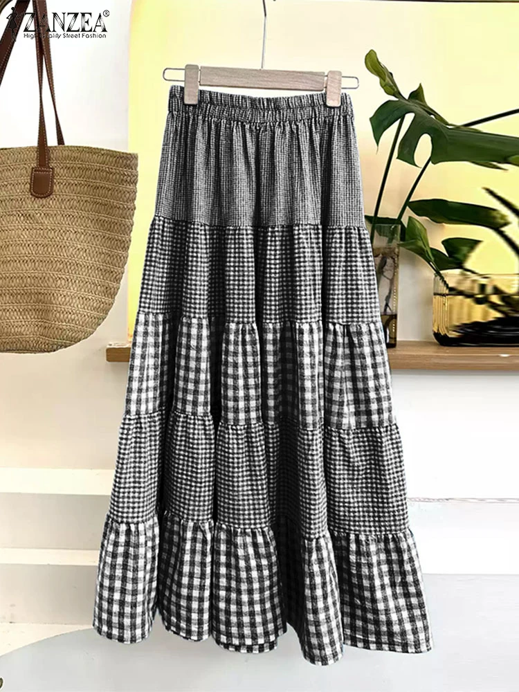 ZANZEA Fashion Pleating Faldas Vintage Multi-layer Overskirt Women Plaid Printed Jupe Casual Loose Elastic Waist Long Skirt 2024