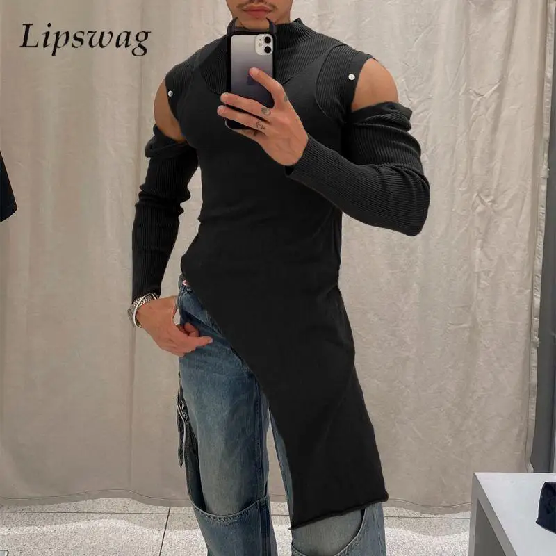 

Streetwear Mens Fashion Irregular Shirt Tops Men Y2K Vintage Hollow Out Buttoned Long Sleeve T Shirts Fall Trendy Pullover Tops