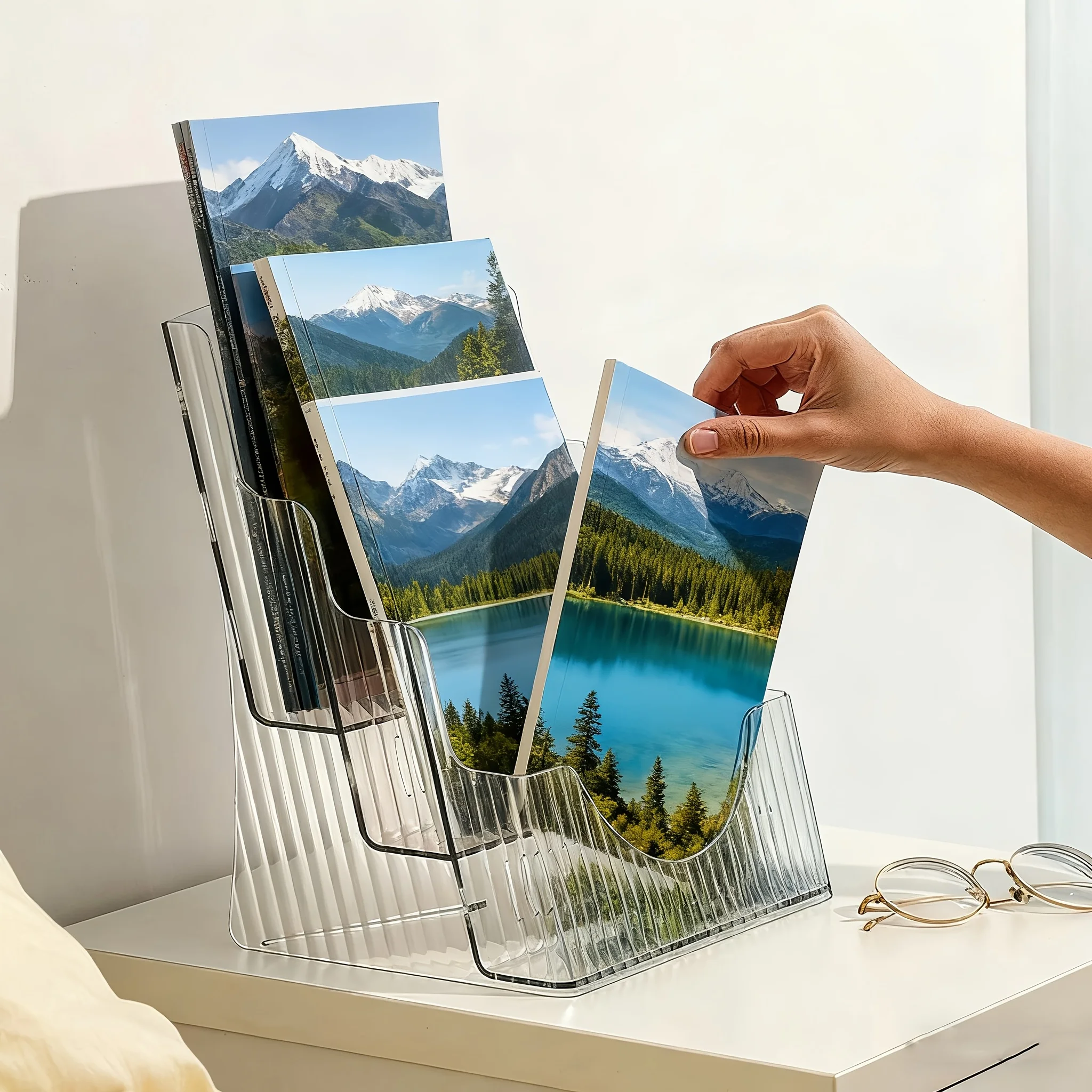 

3-Tier Clear Acrylic Brochure Holder - Heavy Duty Clear Acrylic Organizer with Rounded Corners and Smooth Edges, 3 Shelves