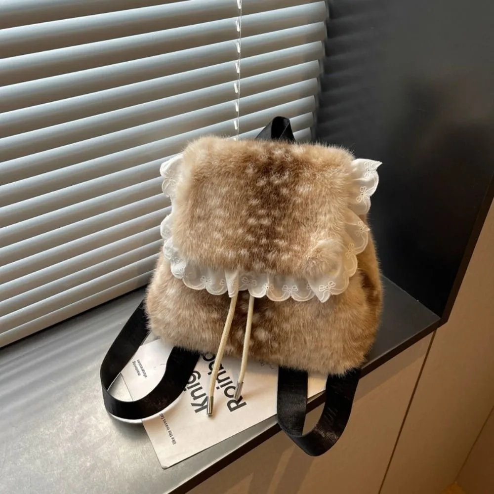 Retro Leopard Print Fluffy Shoulder Bag Deer Spot Soft Backpack Lace Solid Color Faux Fur Backpack Daily