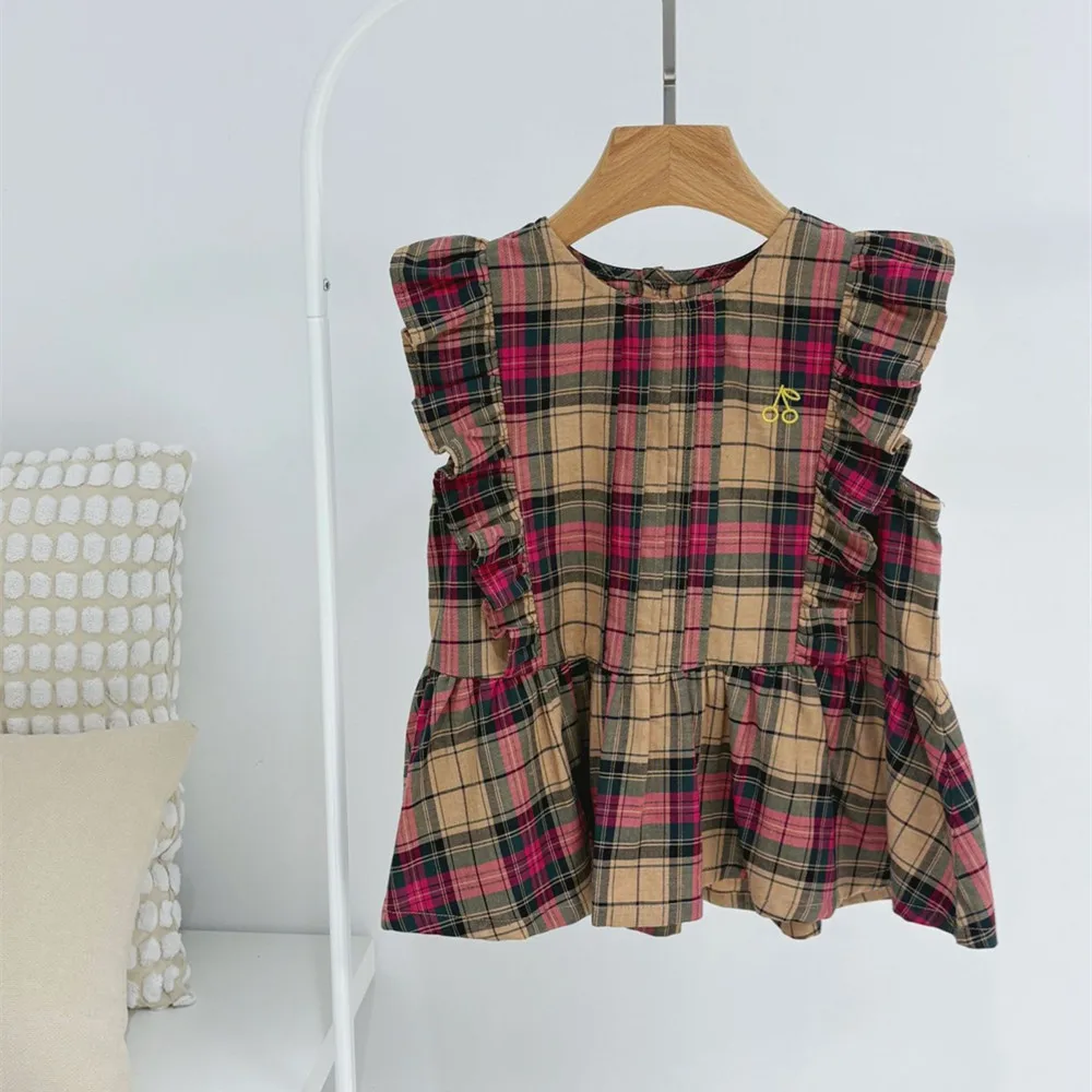 

kids clothes girls t-shirt Plaid printed top baby girl blouse Sweet girl's flying sleeve top teen girl clothes