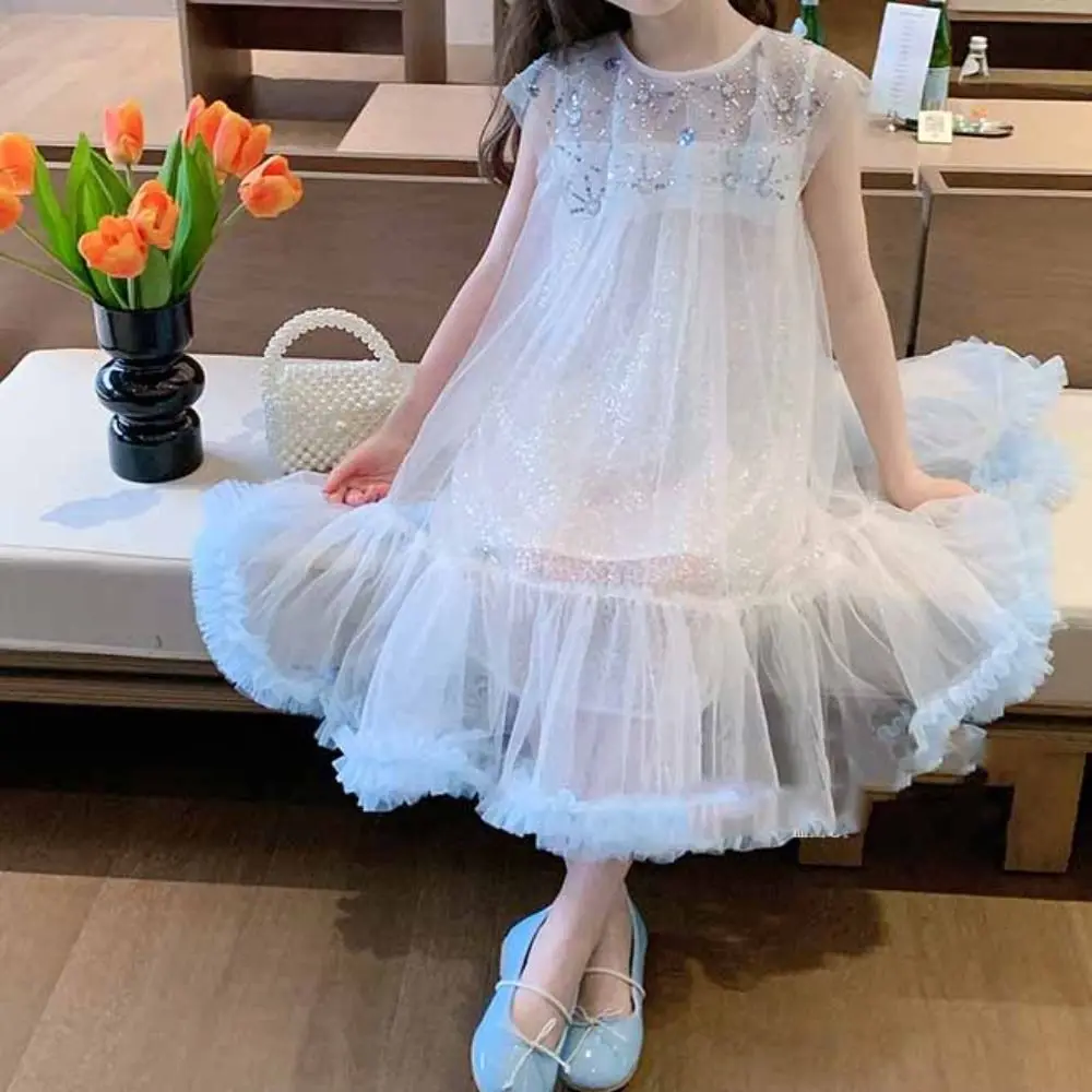 Fashion Sequin Girls Princess Dress Teens Party Summer Dress Beach Vacation Sweet Children Mesh Dress Holiday