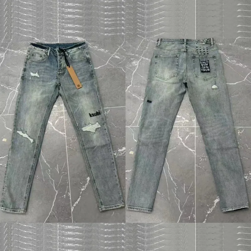 New Men's Streetwear KSUBI Cross Jeans American High Street Ripped Fringe Letter Embroidered Casual Slim Stretch Jeans