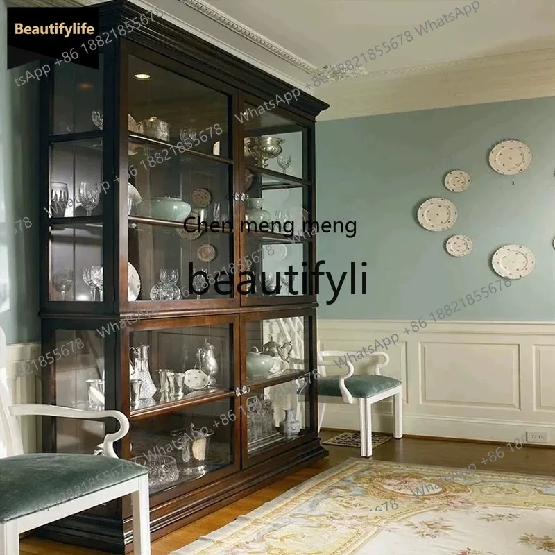 GG French Retro Solid Wood Wine Cabinet Large Capacity Glass Display Light Luxury Bookshelf Sideboard
