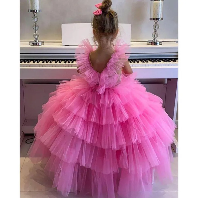 Pink Ruffles Flower Girls Dresses for Weddings Baby Party Real Images Kids Photoshoot Baby Birthday Gowns