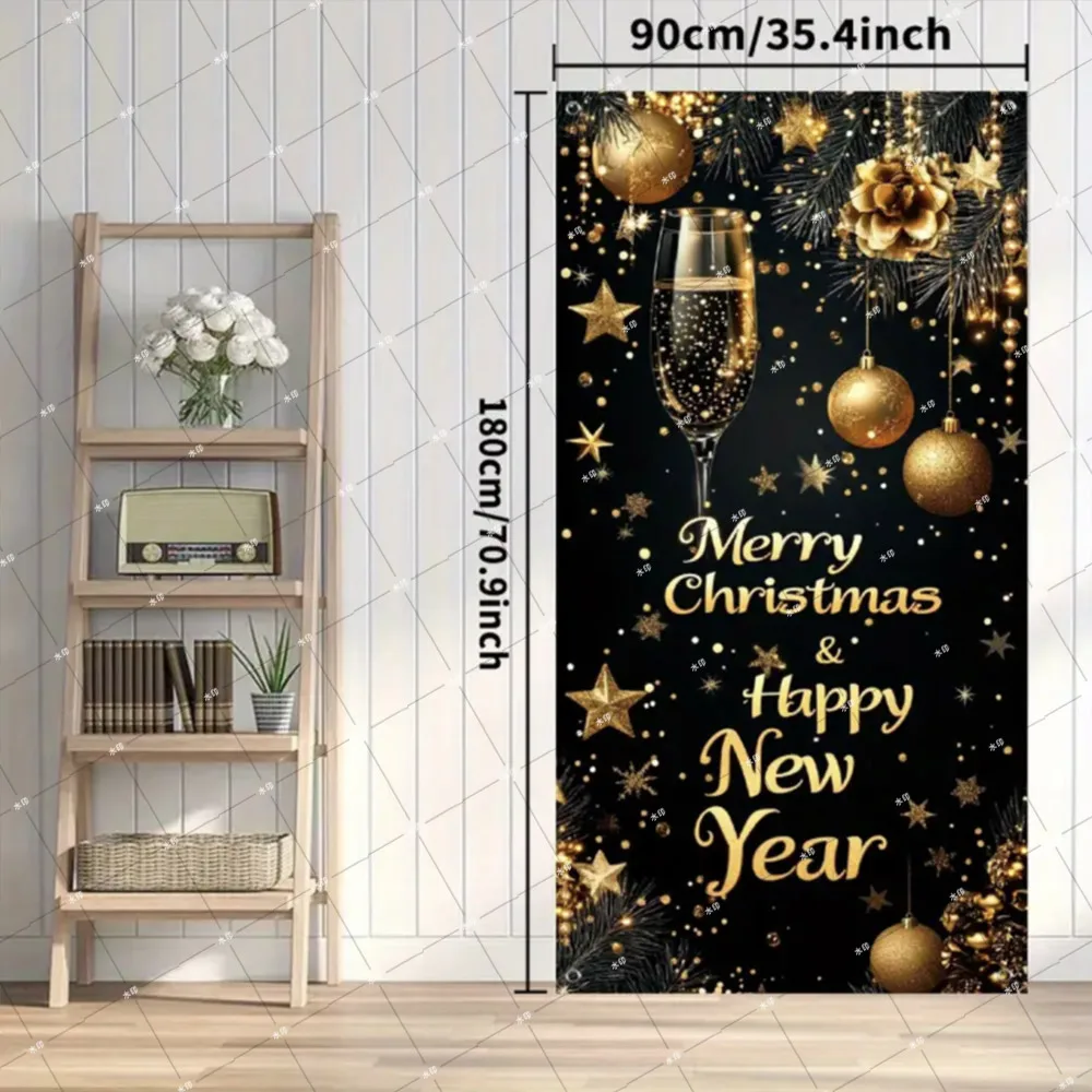 ﻿ 2025 Merry Christmas& New Year Door Cover Banner Sign Winter Golden Xmas tree Bow Photography Backdrop Indoor Outdoor Decor