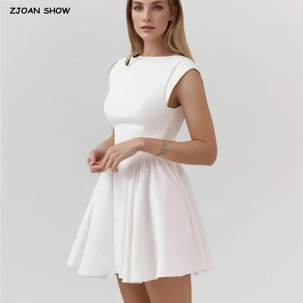 Sexy White Slash Collar Short Sleeve Low Waist Ruched Pleated Swing Mini Dress Women Sexy Lacing Up Big Backless Robe Party