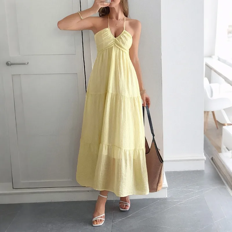 Vestido semitransparente con cuello halter para vacaciones de verano 2025, vestido largo de playa bohemio de Lyocell sin arrugas con abertura lateral