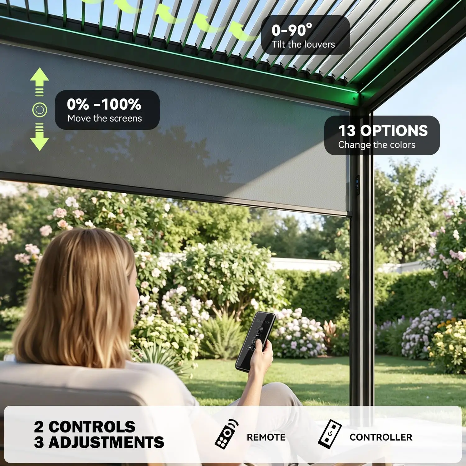 12x20 Motorized Aluminum Louvered Pergola Solar Electric LED Lights Privacy Screens Adjustable Roof Weatherproof Patio Shelter
