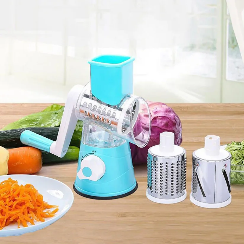 

Multifunctional Vegetable Slicer Shredder Cutter Tool 3 Sharp Drums Manual Hand Operated Grater Cheese Peanut Cookie Chopper