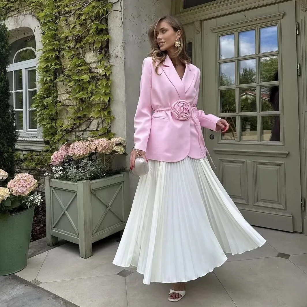 

Модный костюм с цветочным дизайном, куртка с поясом для похудения, повседневное свободное женское пальто из полиэстера для сценариев отдыха