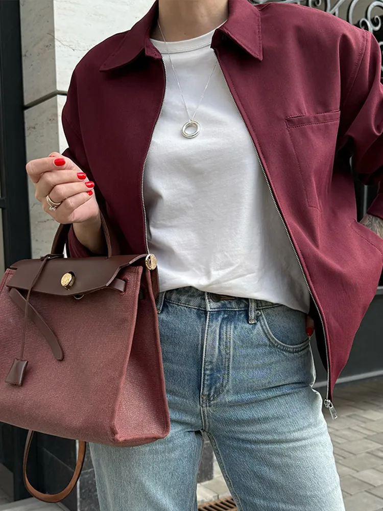 

Solid Lapel Zipper Pocket Jacket Women's Chic Full Sleeve Pleated Loose Short Coat 2025 New Autumn Daily Office Commute Outwear