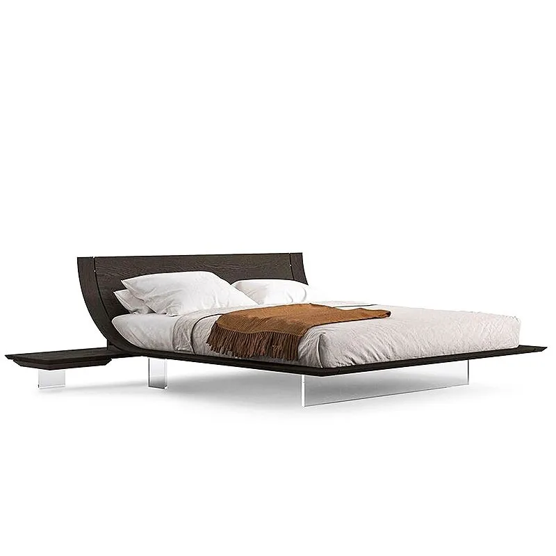 Suspension bed modern and simple, solid wood bed, with induction light strip, Italian curved high-end villa large flat double