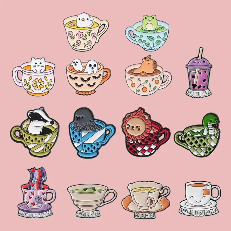 New Creative Teacup Animal Series Brooch Cartoon Beverage Coffee Milk Tea Metal Accessories Badge