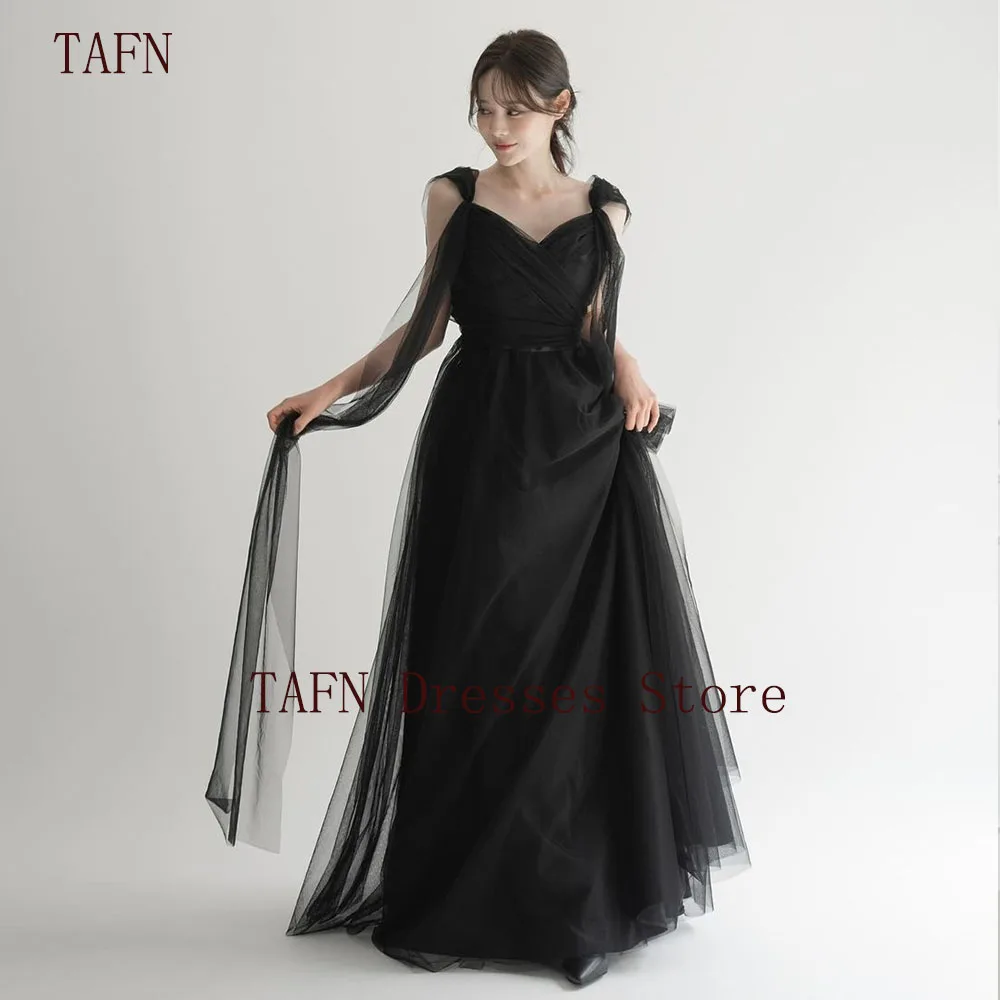 TAFN Black Elegant Evening Party Dresses V-Neck Sleeveless A-line Korea Photo Shoot Dresses Floor-Length Tulle Gown Custom Made