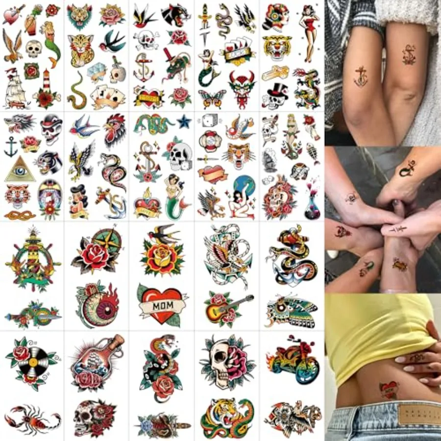 

96PCS American Traditional Temporary Tattoos Adults, Retro Classic Fake Tattoos for Men Women, Funny Old School Vintage Pirate