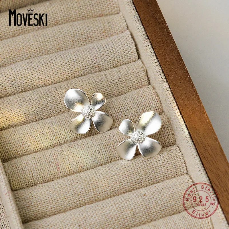 MOVESKI Korean INS Minimalist Flower Stud Earrings 925 Sterling Silver Women Small Fresh Spring Travel Jewelry Gift