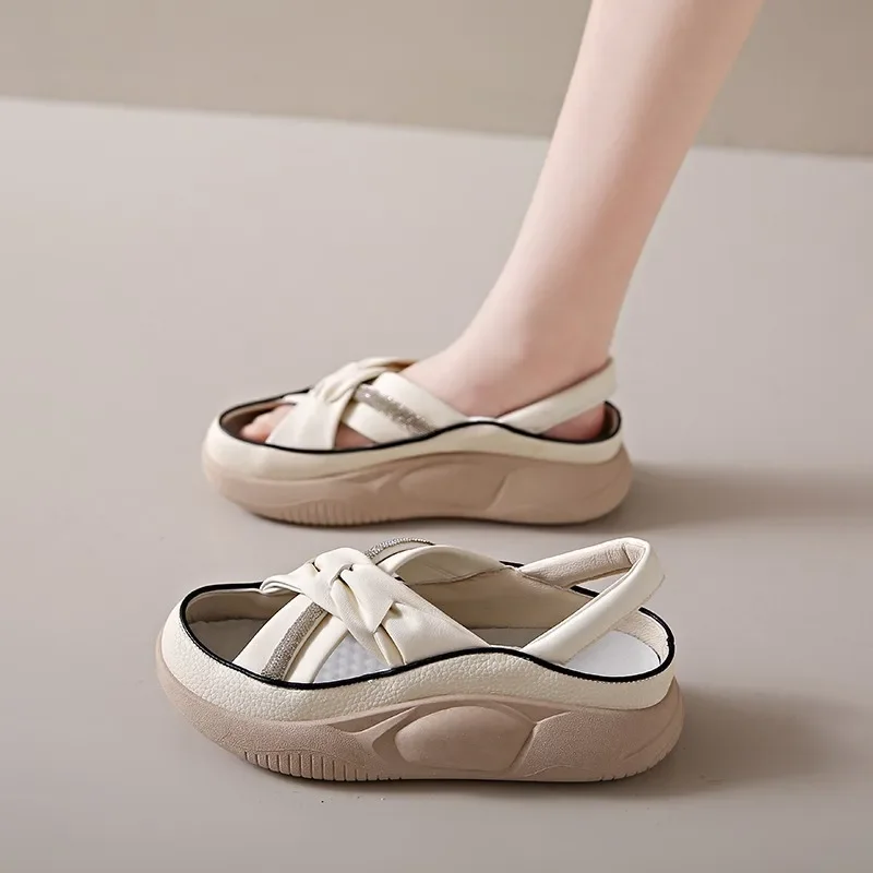 2023 Summer Open Toe Low Sandals Woman Leather Soft Suit Female Beige Clogs Wedge Women’s Shoes Peep Low-heeled Black Comfort Pl