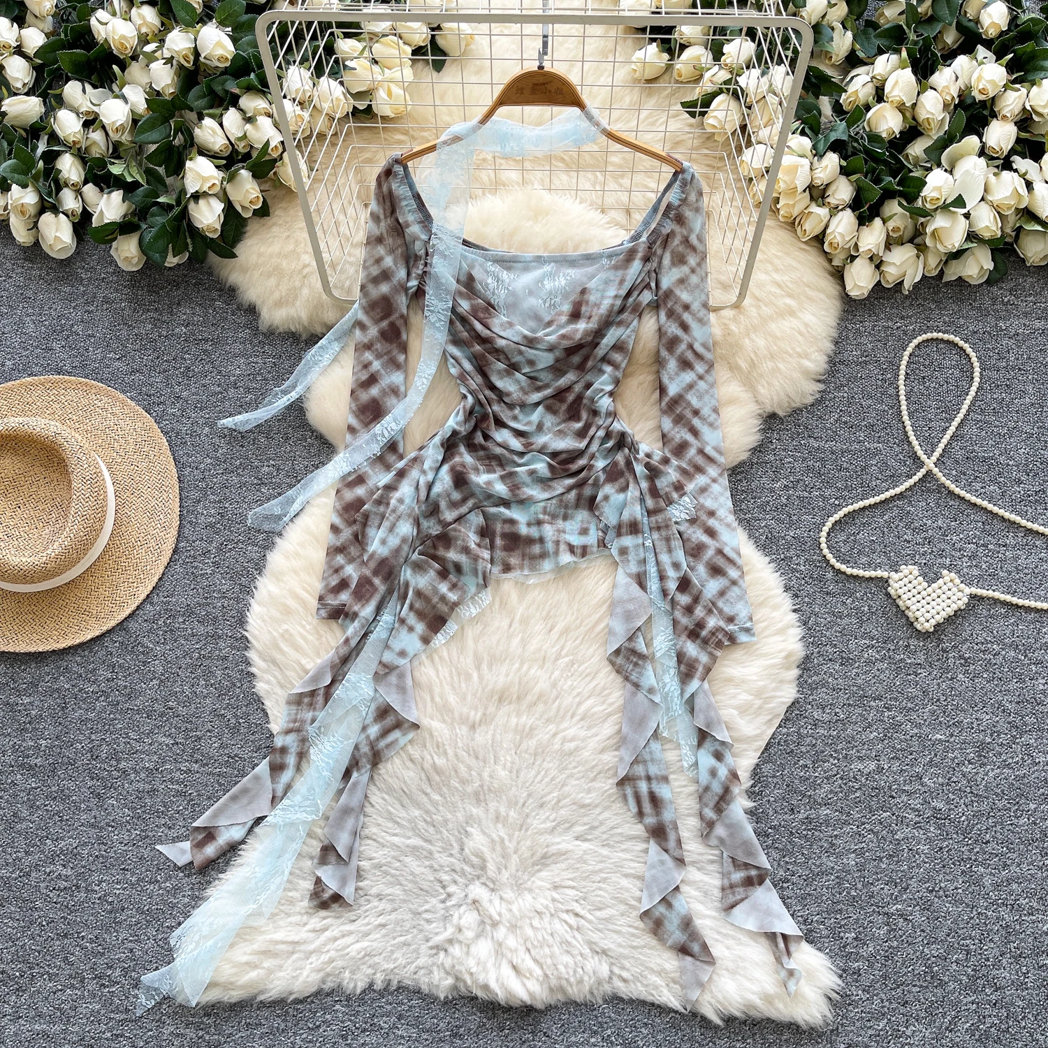 Vintage elegante asymmetrische tie-dye blouse met lange mouwen Fashion Shirt Chic Top herfst dameskleding